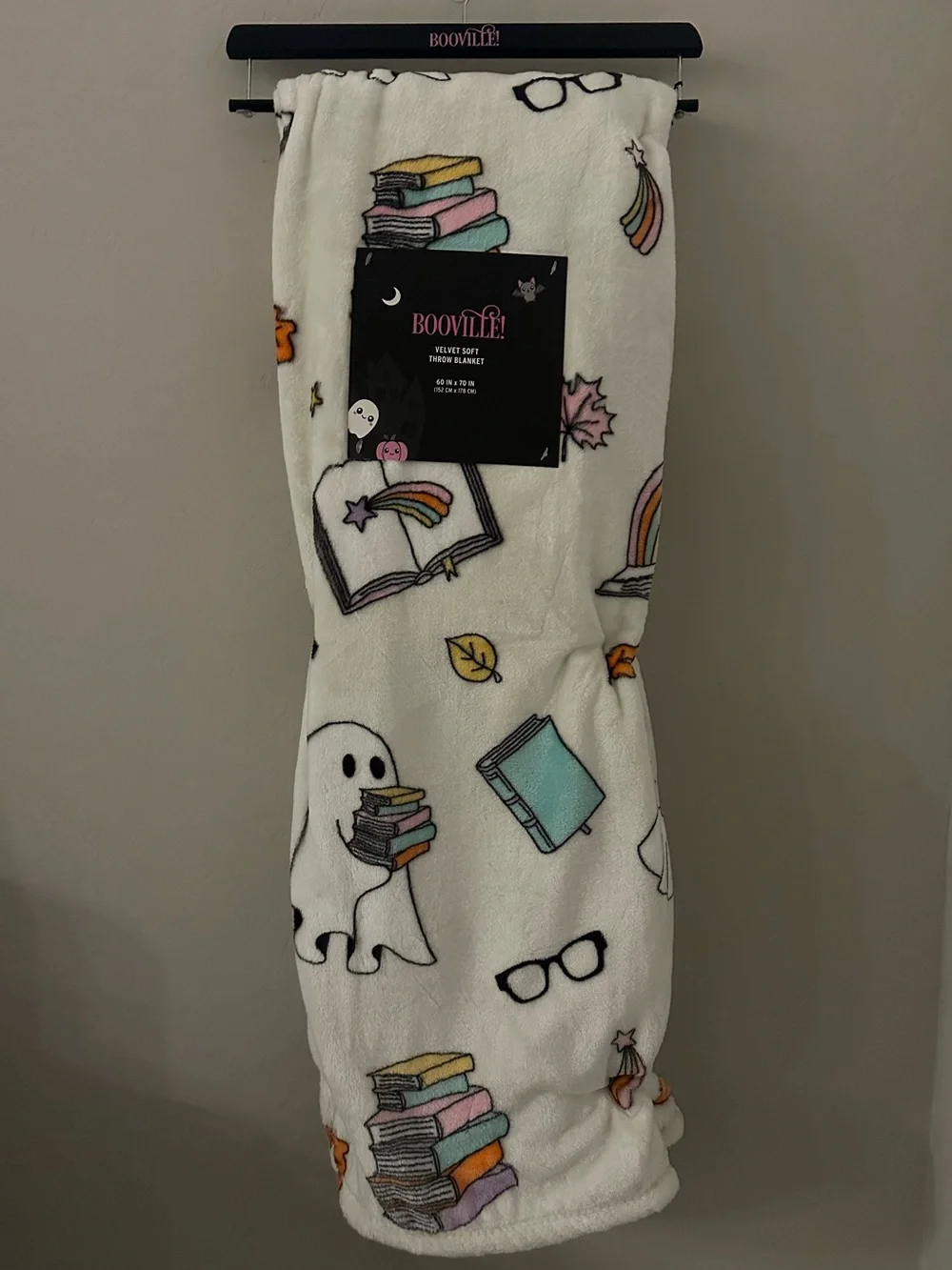 Booville! 60” x 70” Ghost Reading Books Halloween Velvet Soft Throw Blanket